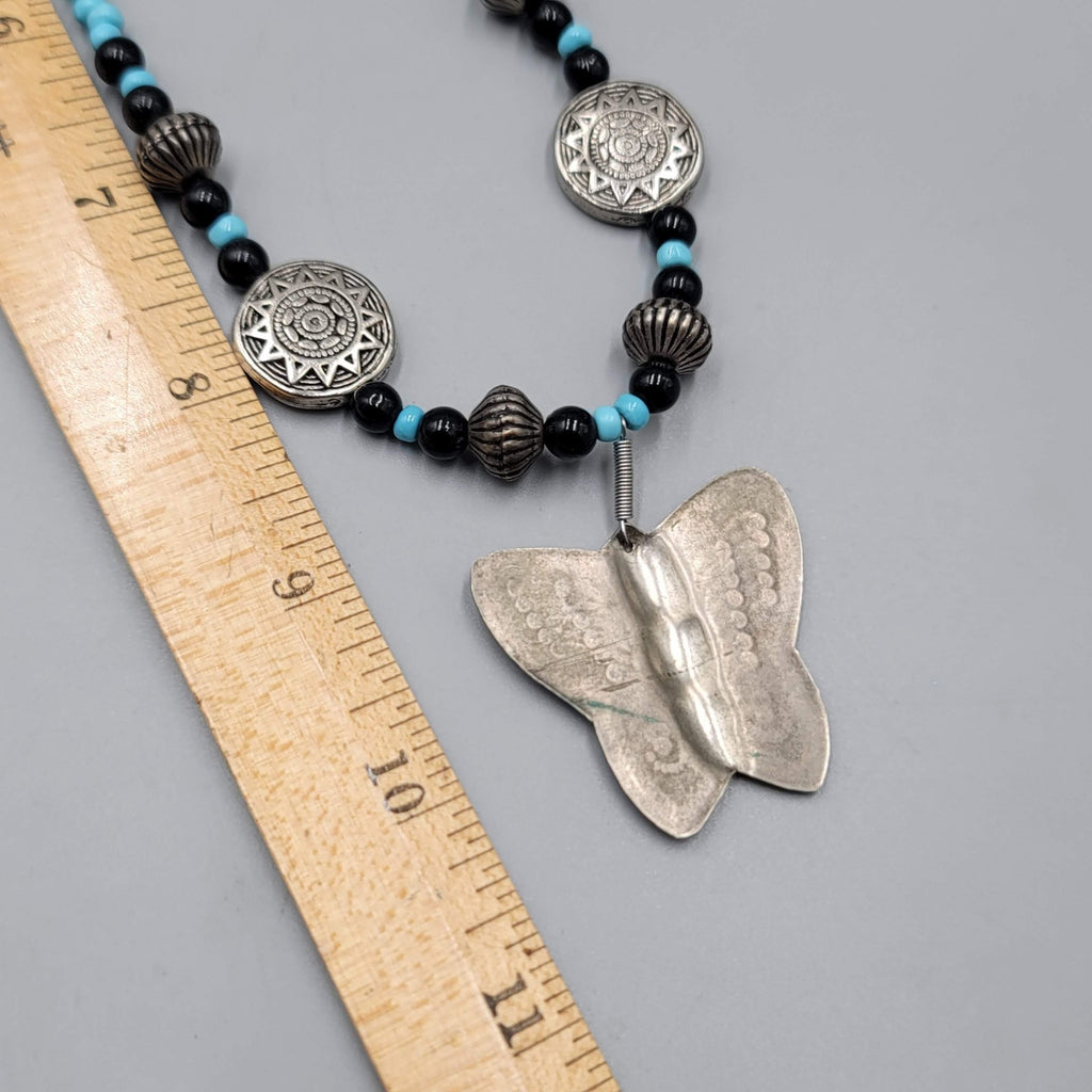 Artisan Butterfly Pendant Necklace Blue Black Bead Handmade 18 in