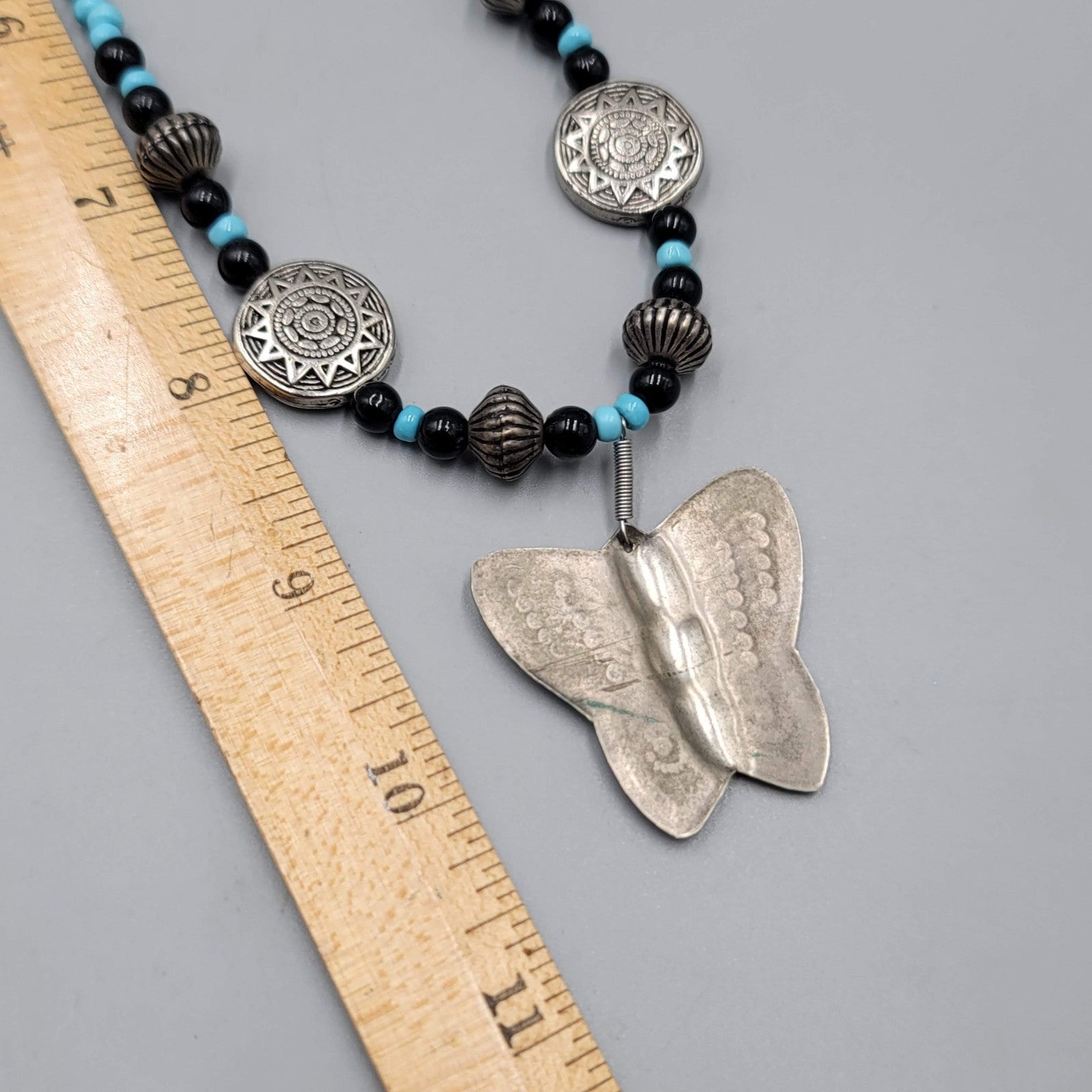 Artisan Butterfly Pendant Necklace Blue Black Bead Handmade 18 in