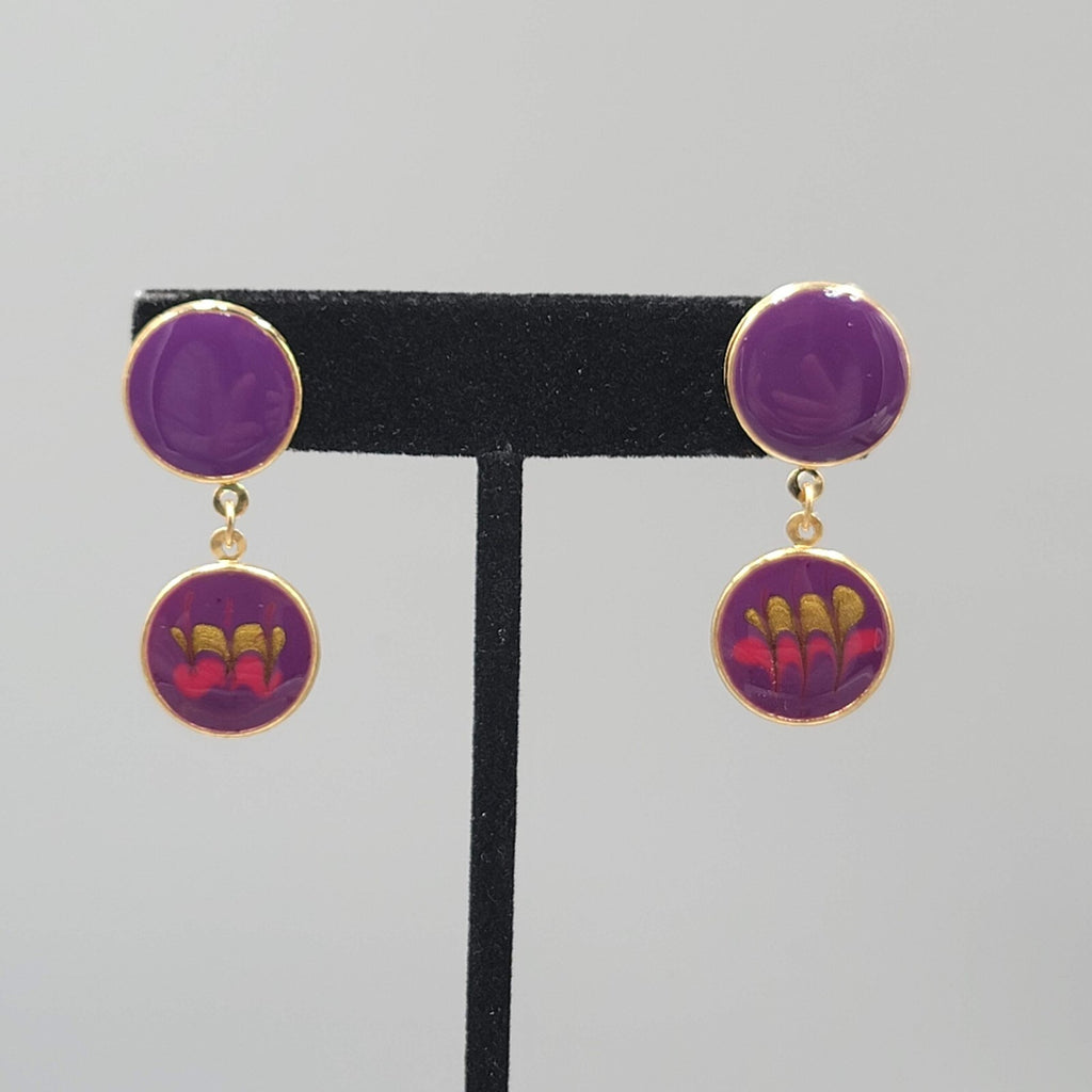 Vintage Pierced Earrings Purple Enamel Dangle Gold tone 1.5"