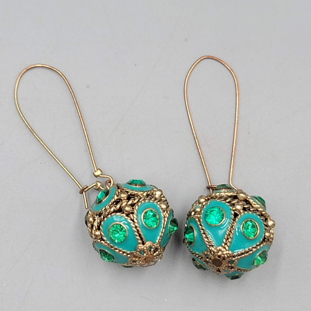 Green Rhinestone Blue Enamel Boho Pierced Earrings Gold tone Dangle 2.5 in