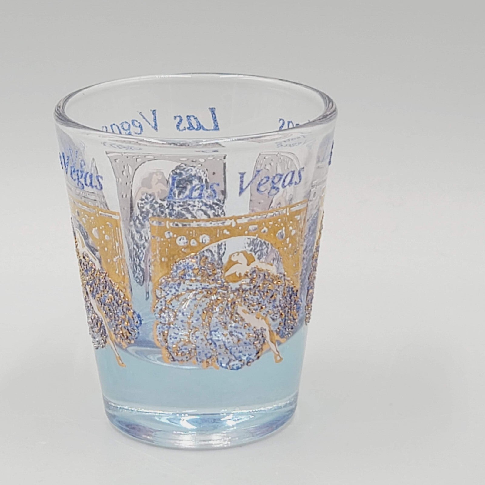 Vintage Las Vegas Casino Shot Glass Blue Gold Embossed Clear Glass Souvenir