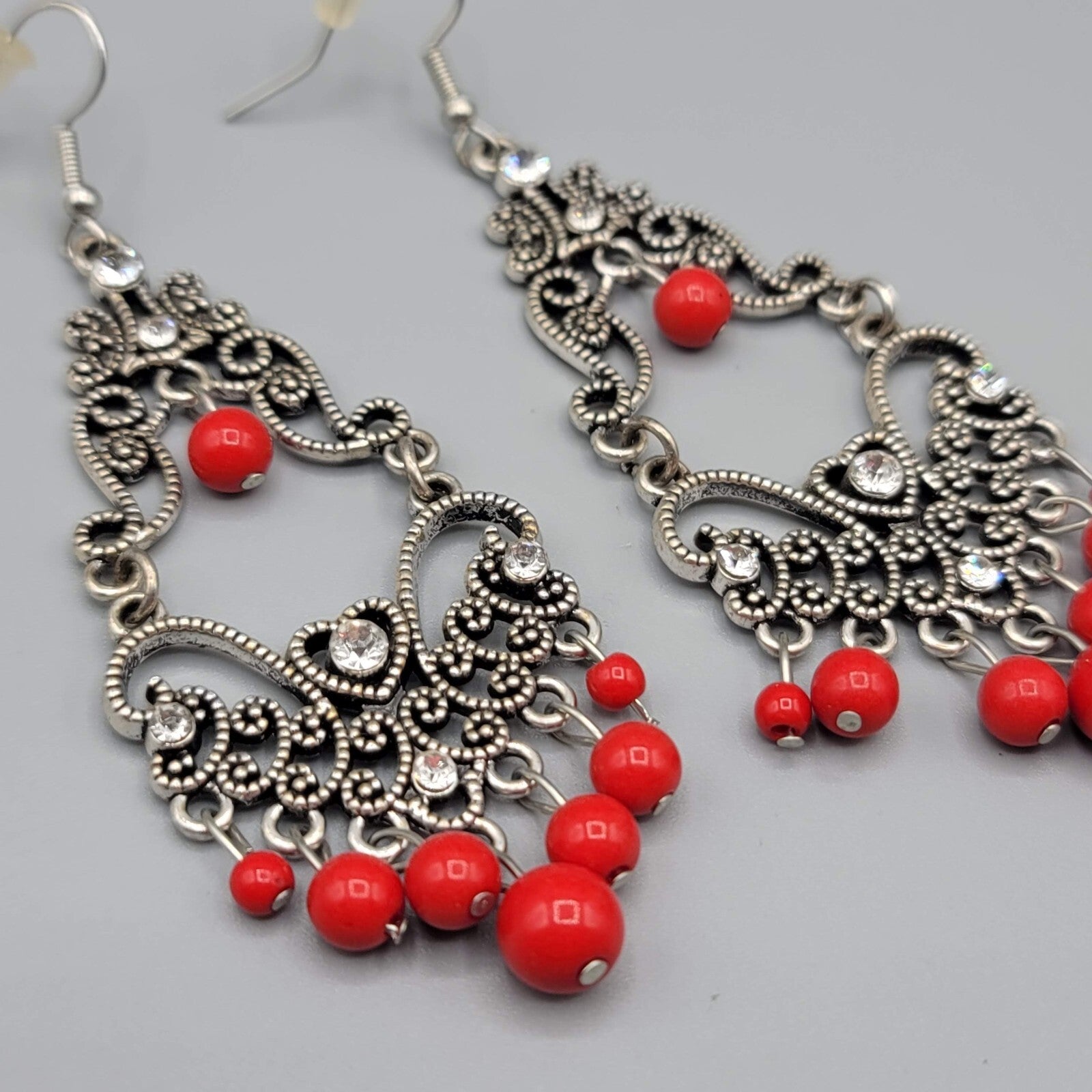 Chandelier Pierced Earrings Silver tone Red Bead Crystal Rhinestone 2.5"