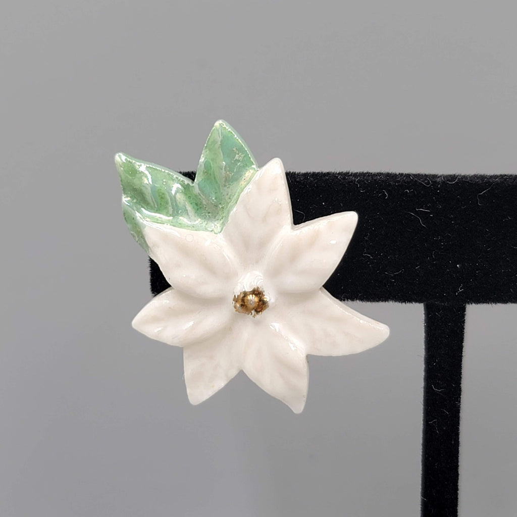 Vintage Ceramic Poinsettia Flower Clip on Earrings Drop 1.25"