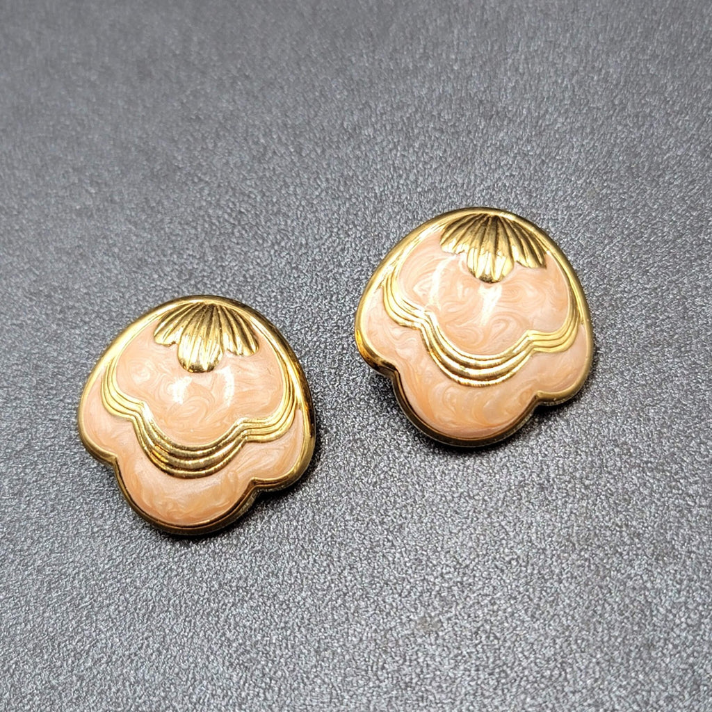 Vintage Pierced Earrings Gold Plated Peach Swirl Enamel Shell Design 1"