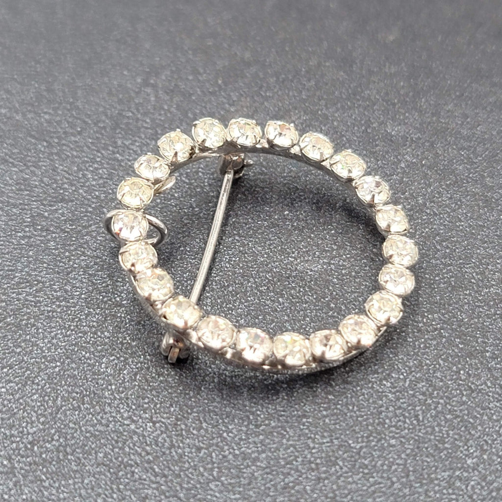 Vintage Sterling Silver Brooch Open Circle Crystal Rhinestone & Pendant 1 1/8"