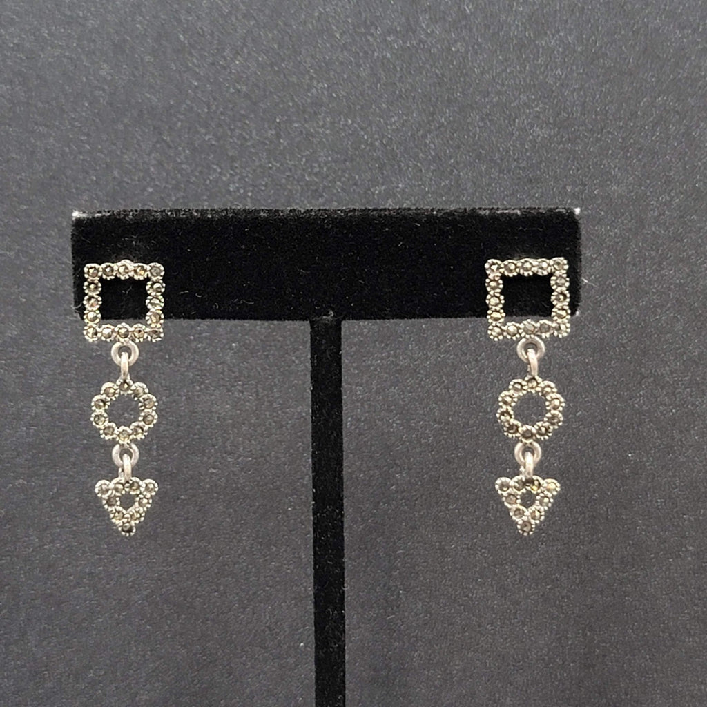 Sterling Silver Pierced Earrings Marcasite Geometric Dangle 1 3/8"