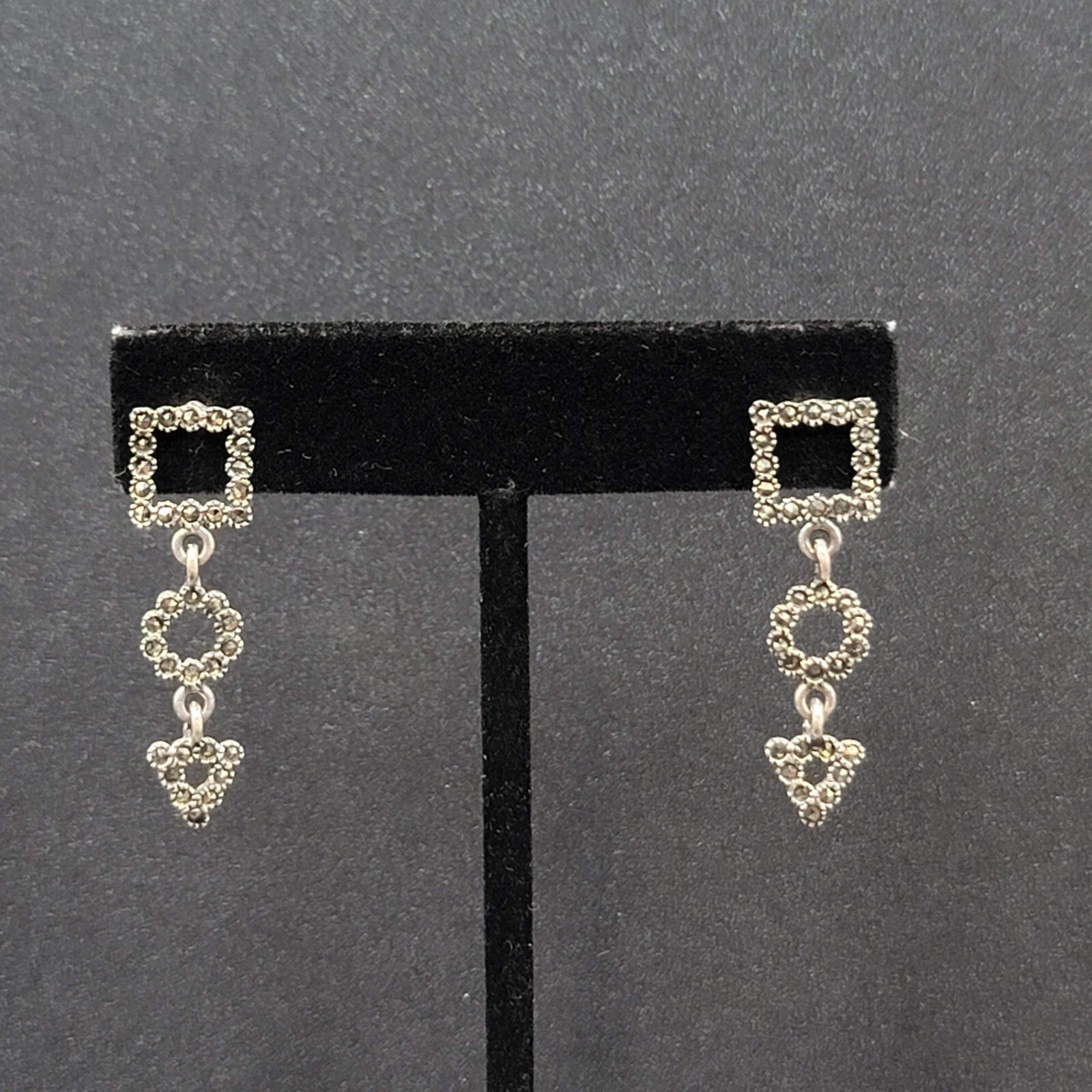 Sterling Silver Pierced Earrings Marcasite Geometric Dangle 1 3/8"