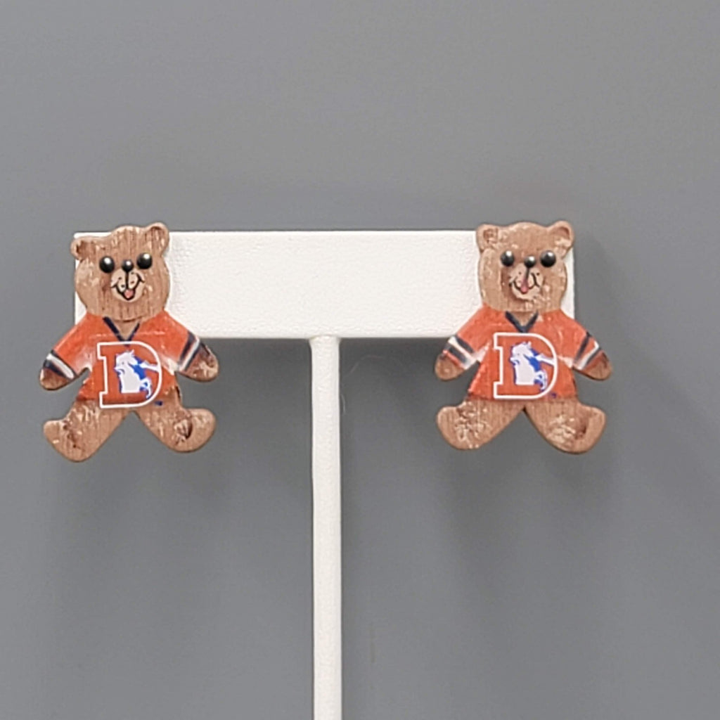 Vintage Hand Painted Denver Broncos Pierced Earrings Wood Teddy Bear 1 1/8"