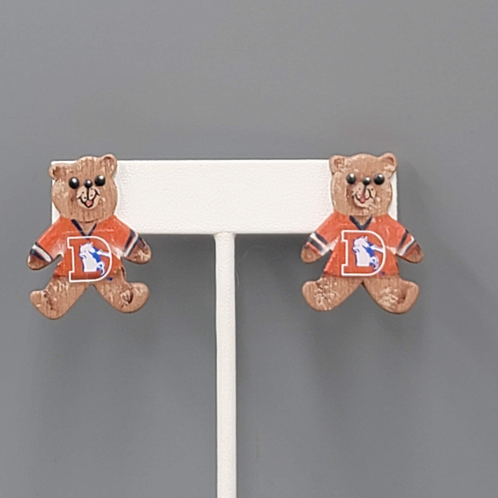Vintage Hand Painted Denver Broncos Pierced Earrings Wood Teddy Bear 1 1/8"