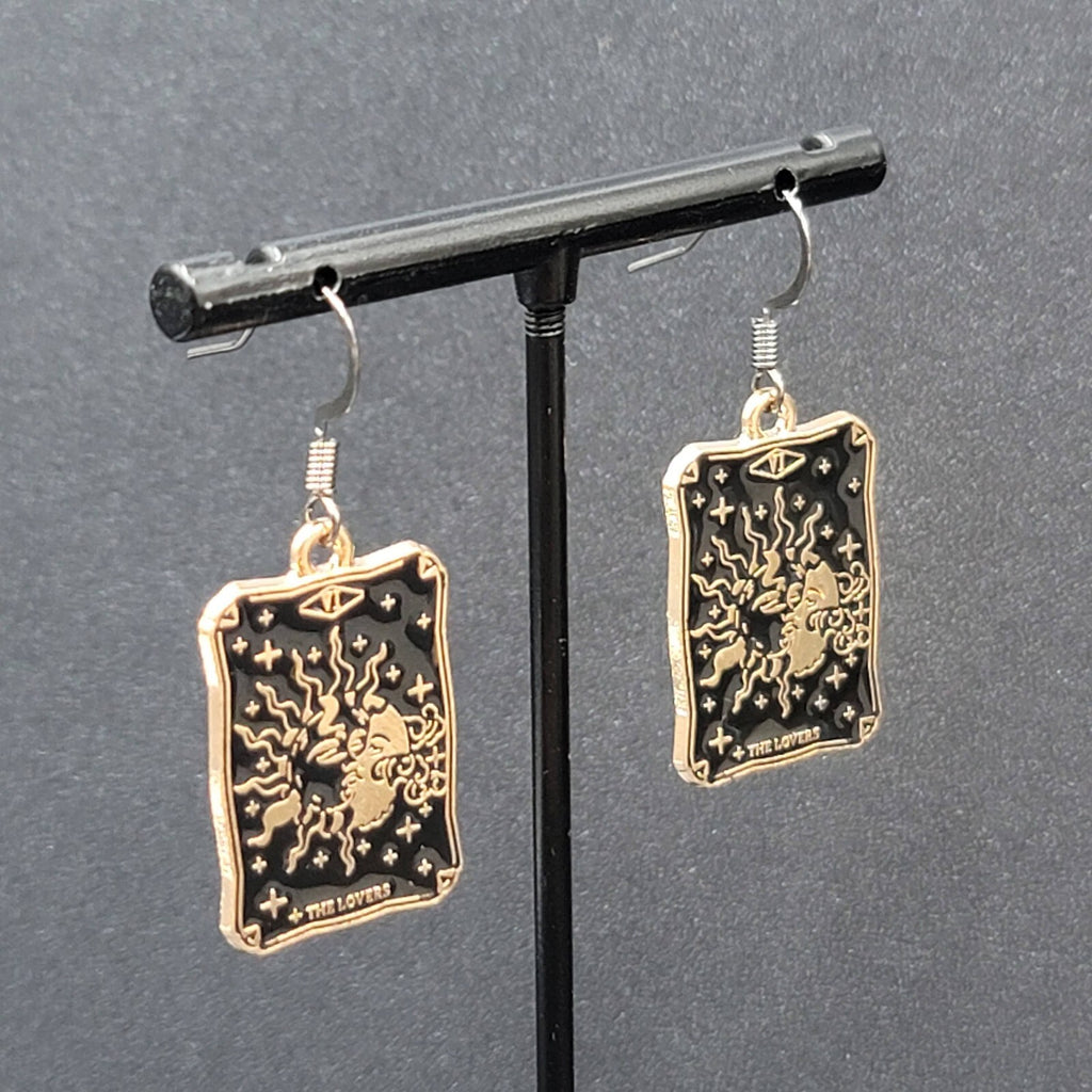 Tarot Card Pierced Earrings The LOVERS Sun and Moon Gold tone Black 1"