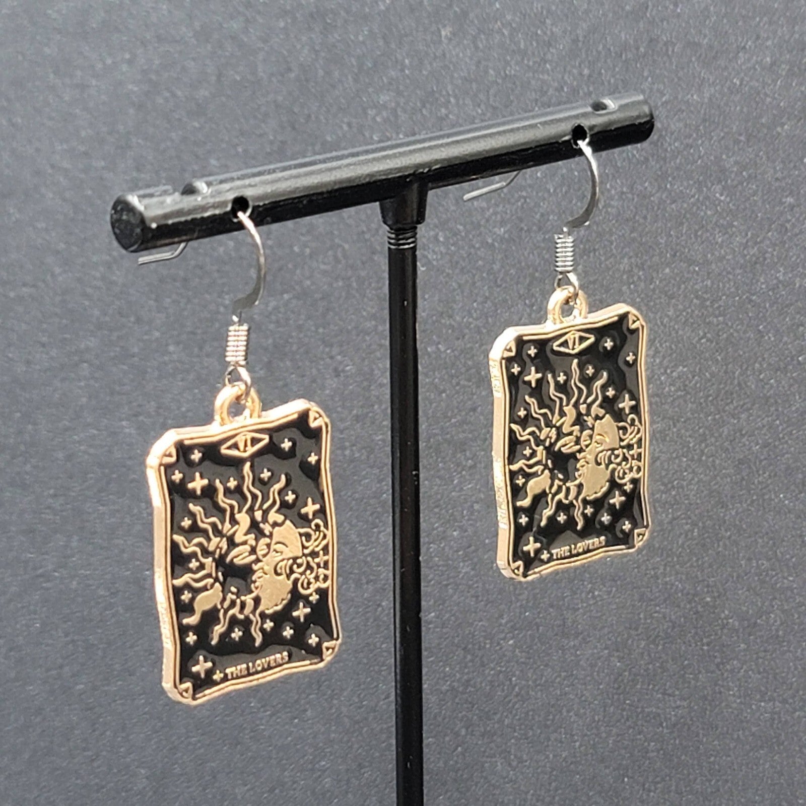 Tarot Card Pierced Earrings The LOVERS Sun and Moon Gold tone Black 1"