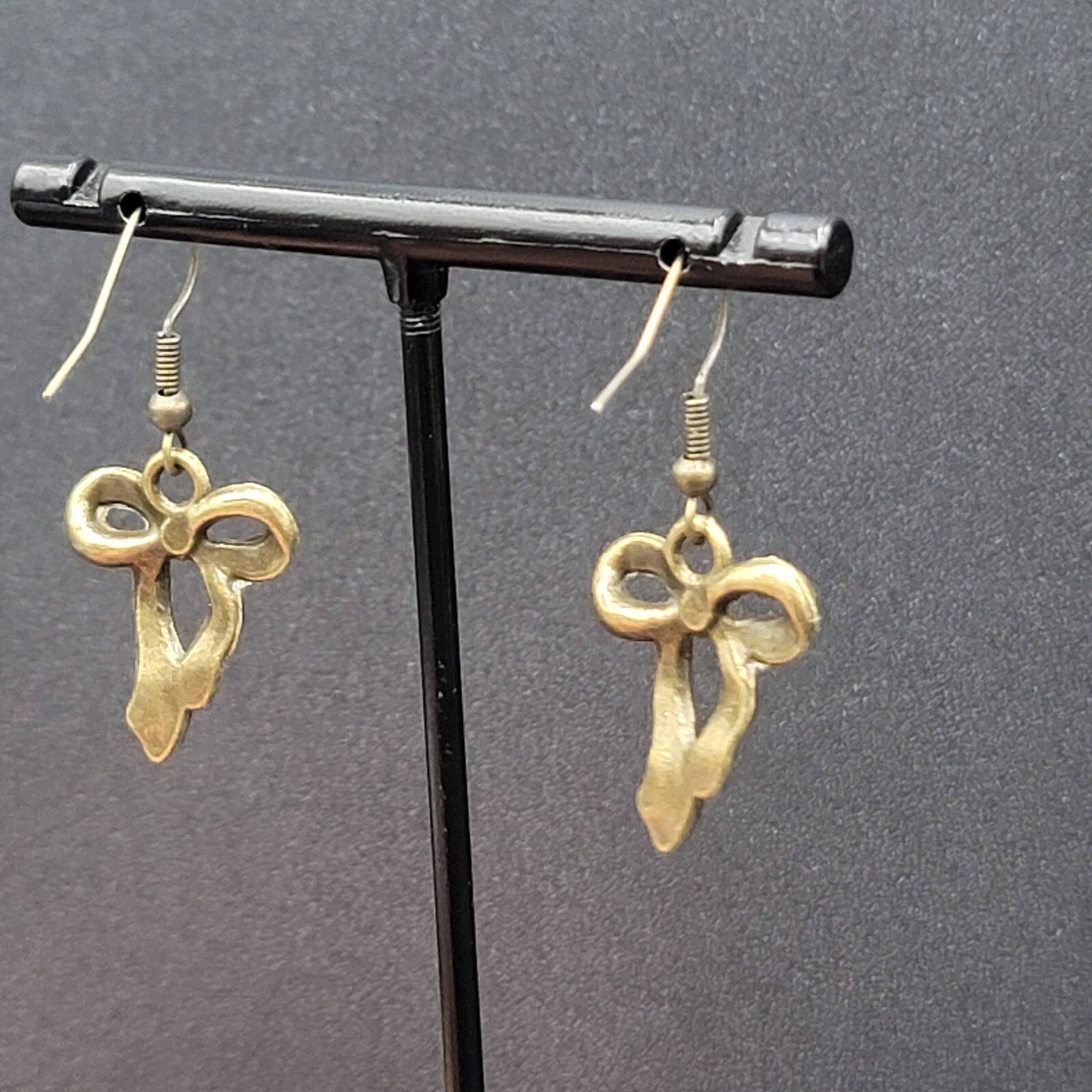 New Bow Pierced Earrings Bronze tone Dangle 7/8"