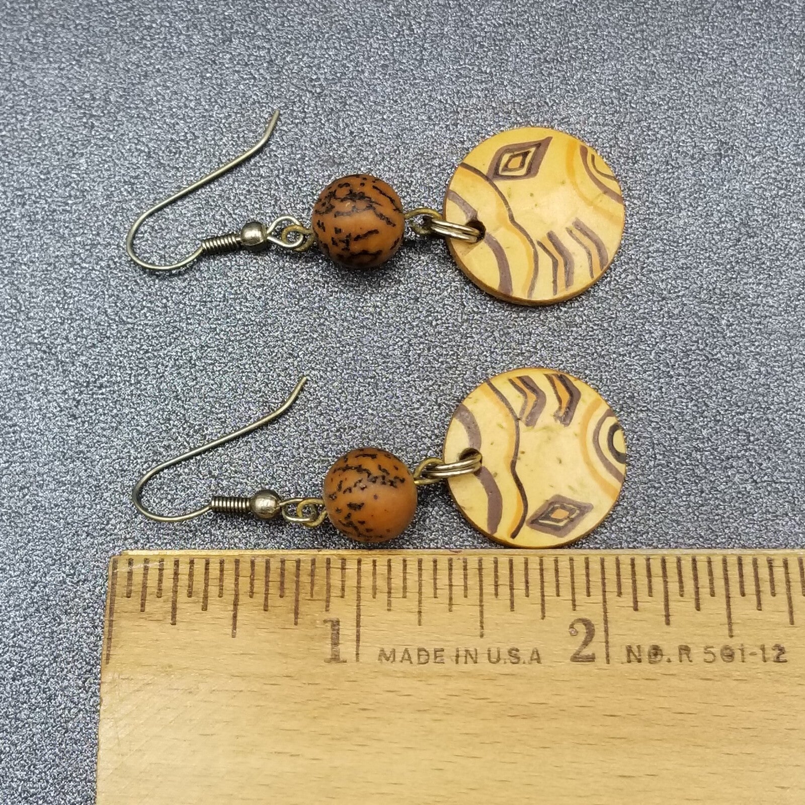 Pierced Earrings Silver tone Wooden Ethnic Statement Dangle 1 3/8"