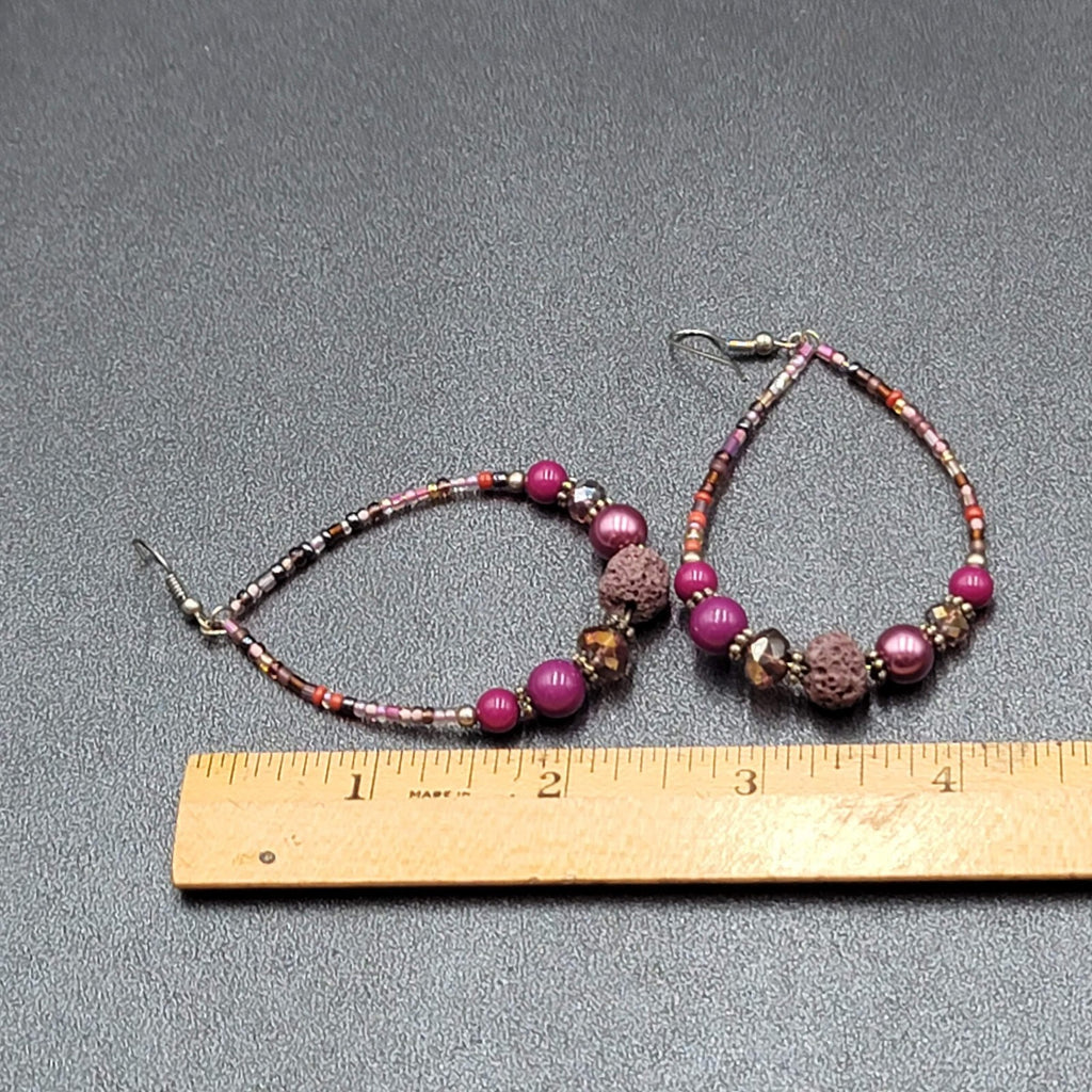 Pierced Earrings Purple Beaded Teardrop Hoops  2.5"