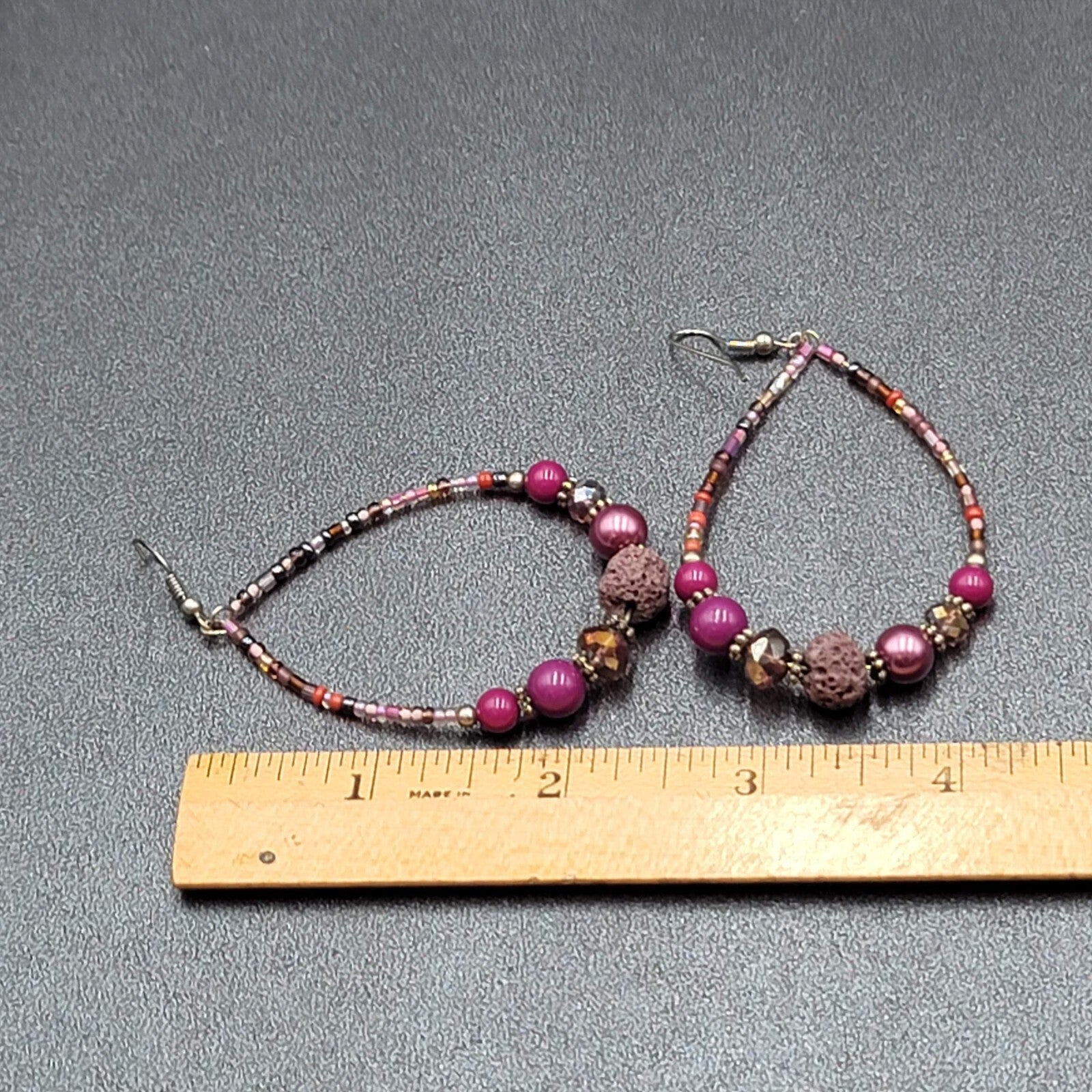 Pierced Earrings Purple Beaded Teardrop Hoops  2.5"