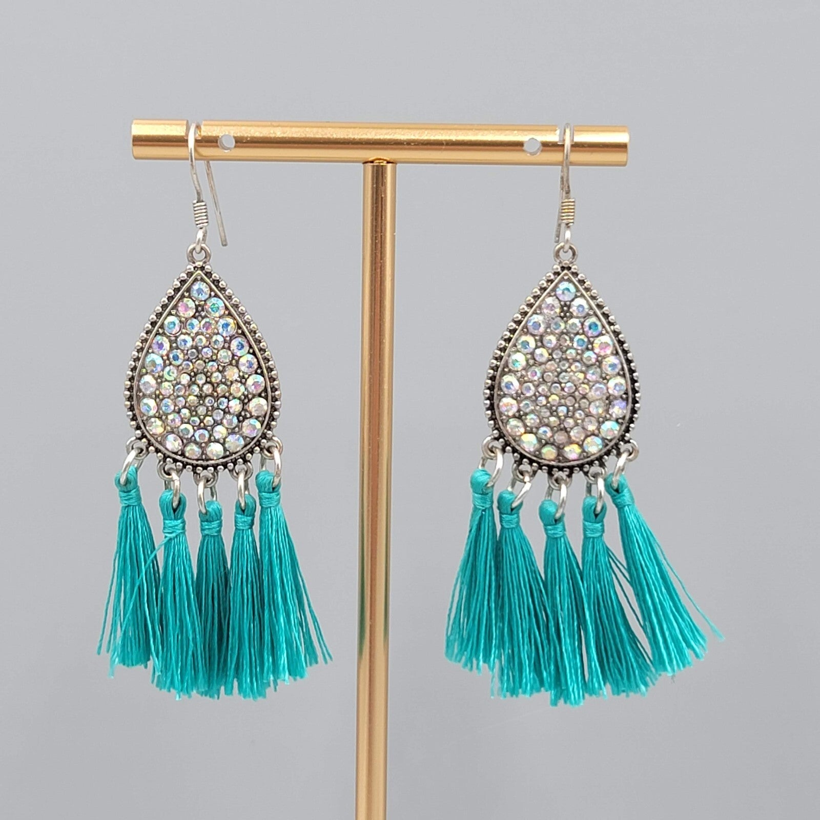 Teal Blue Tassel Rhinestone Pierced Earrings Silver tone Dangle 2.25"