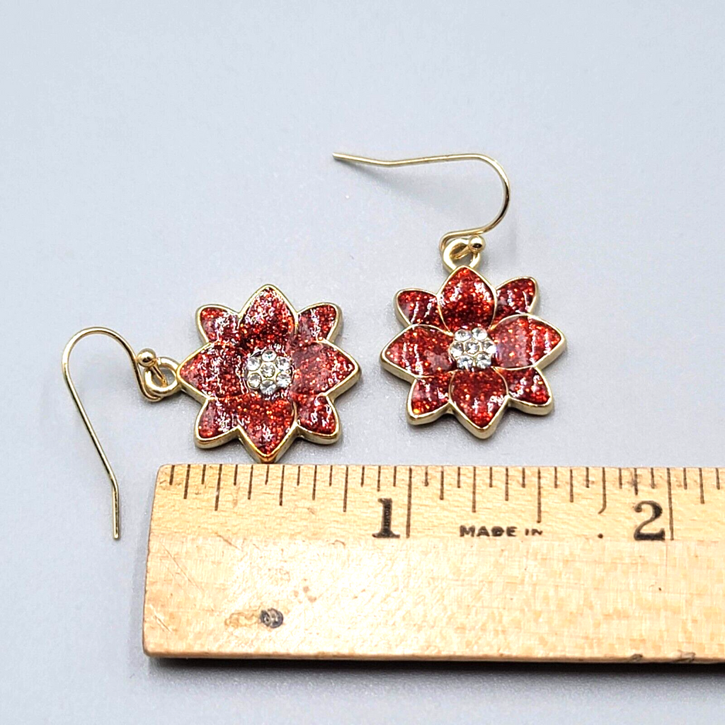 Poinsettia Pierced Earrings Christmas Red Glitter Enamel Rhinestone Dangle 7/8"