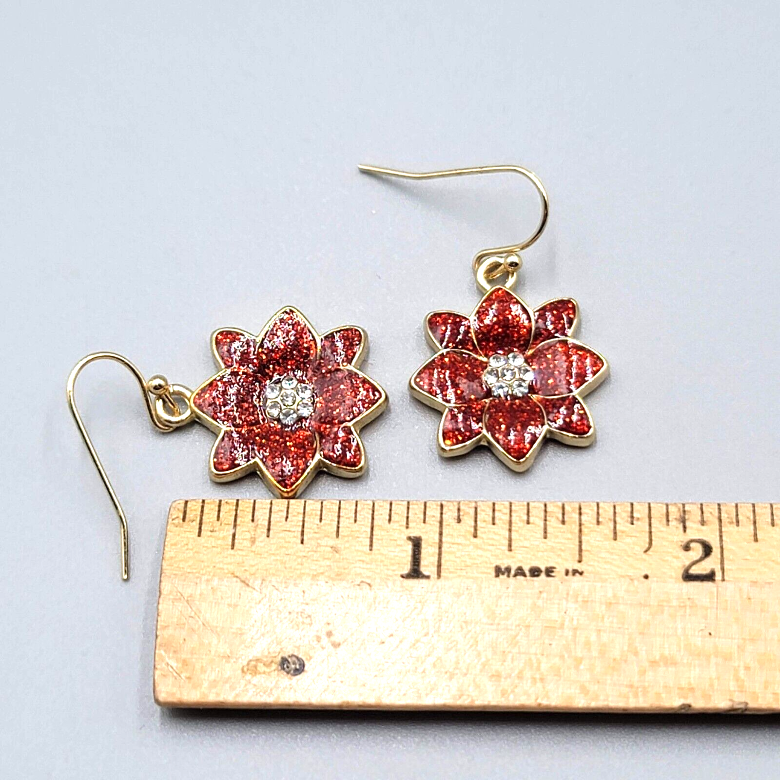 Poinsettia Pierced Earrings Christmas Red Glitter Enamel Rhinestone Dangle 7/8"