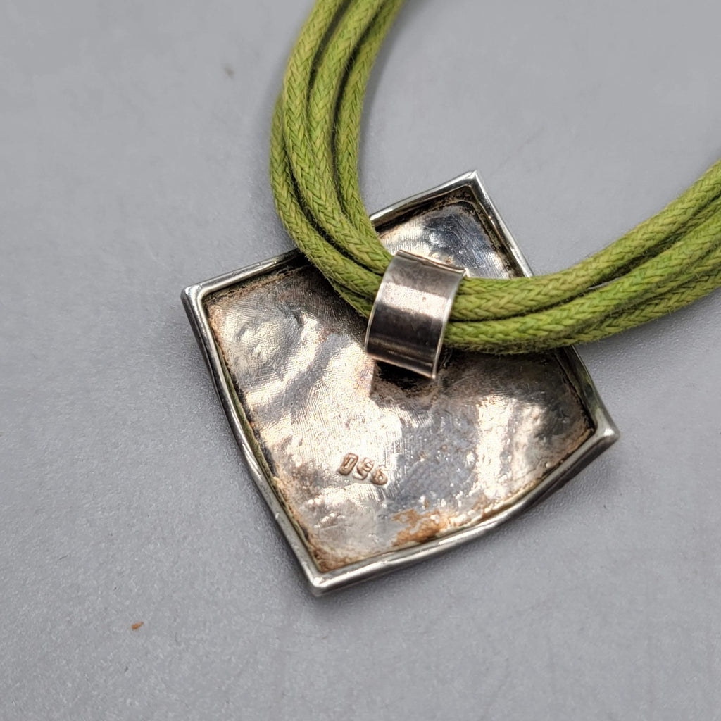 Hammered Square Sterling Silver Pendant Necklace Green Cord Chocker 14"