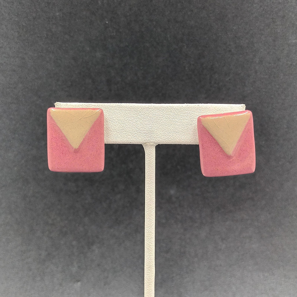 Vintage Pierced Earrings Pink Brown Geometric Ceramic Tile Rectangle Drop 7/8"