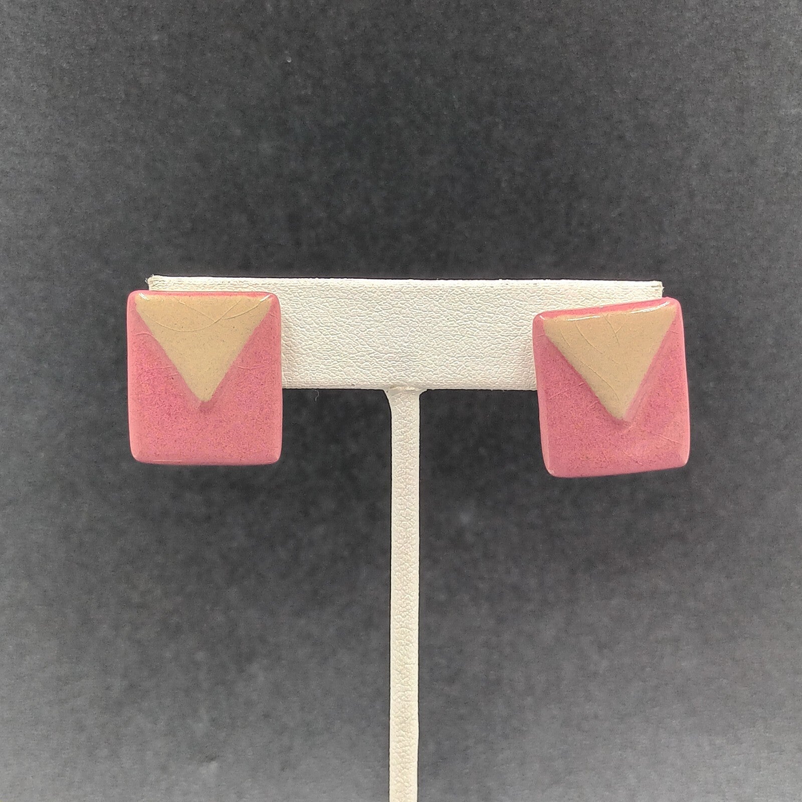 Vintage Pierced Earrings Pink Brown Geometric Ceramic Tile Rectangle Drop 7/8"