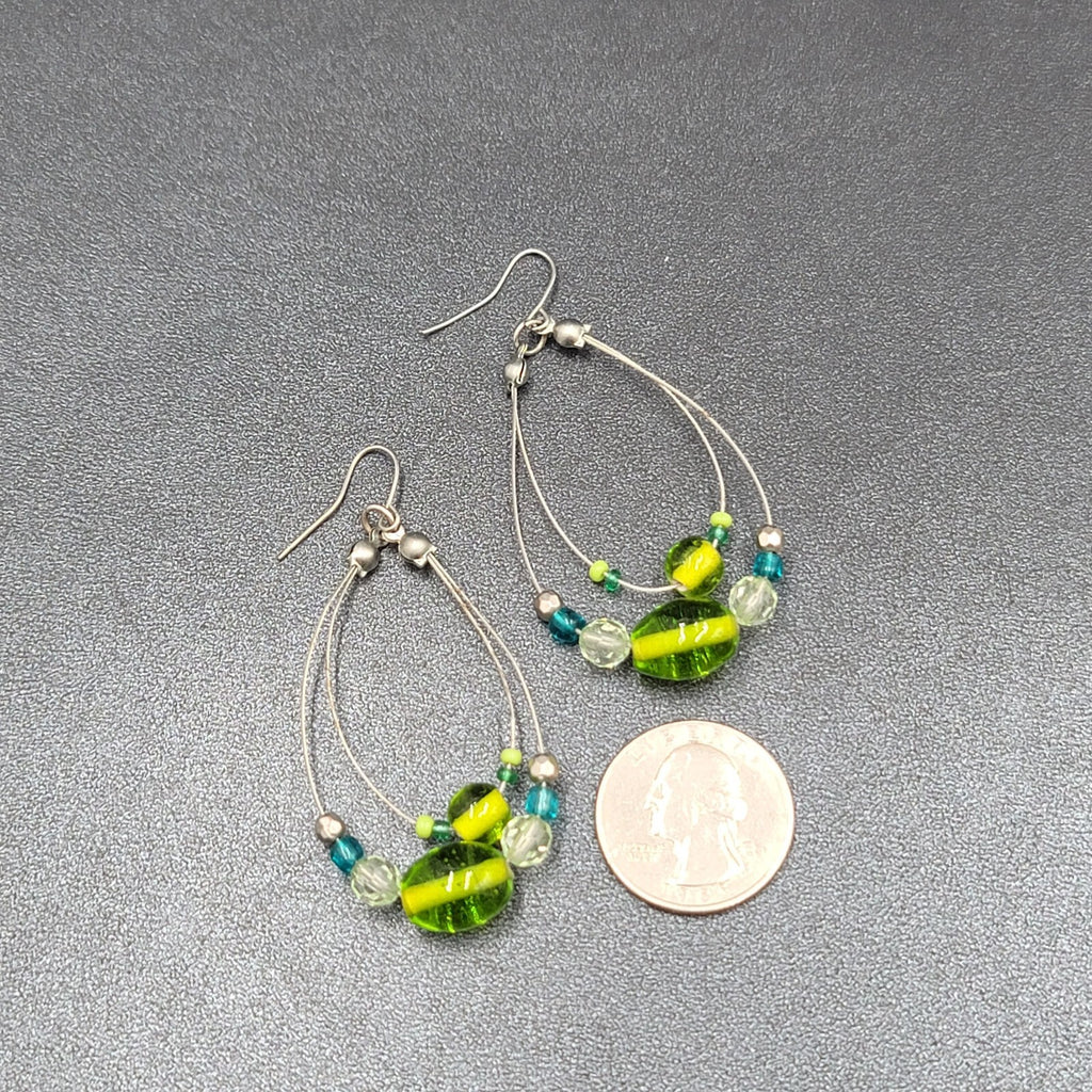 Pierced Earrings Silver tone Green Blue Glass Beads Statement Hoops 2 1/8"