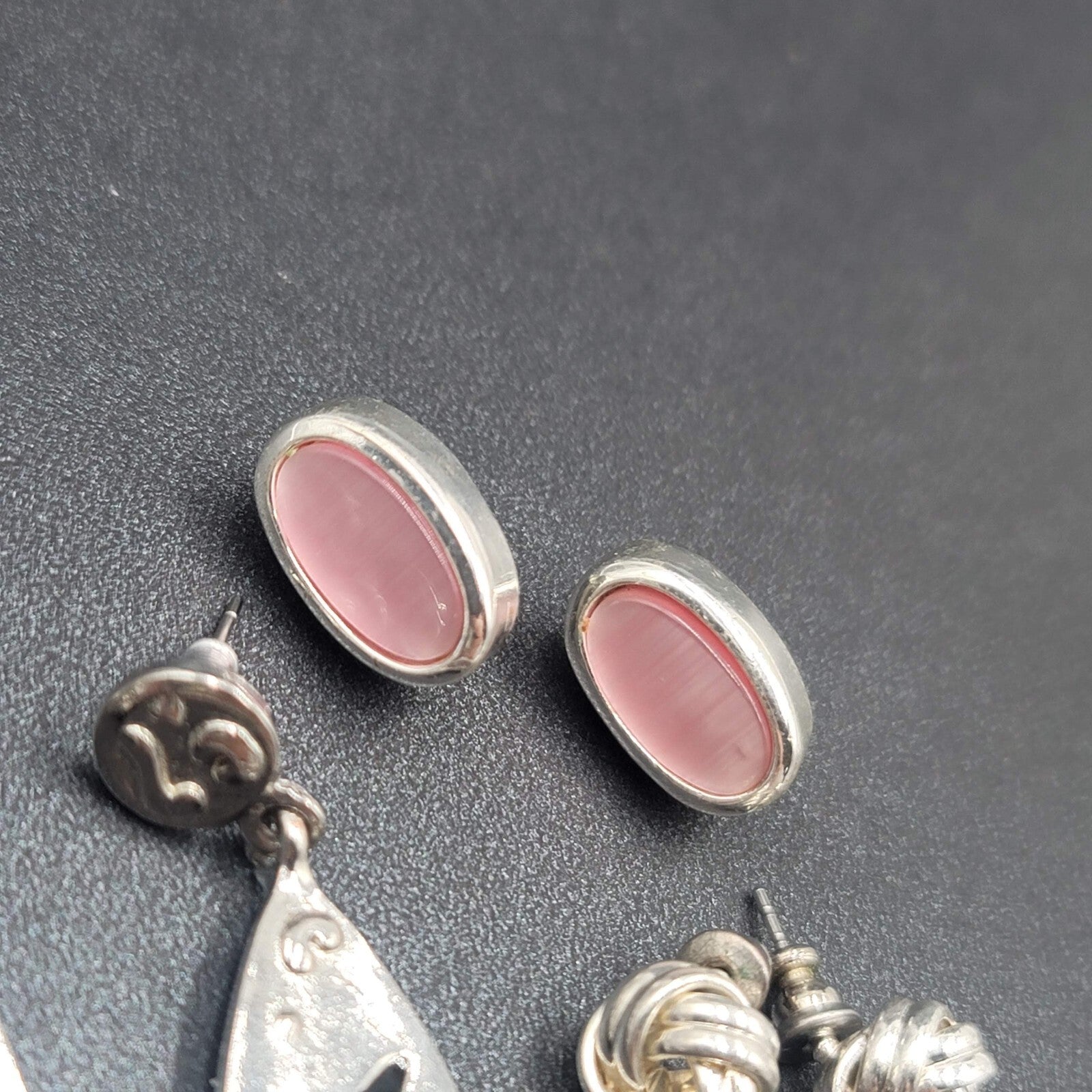 Lot of 3 Pierced Earrings Silver tone Pink Cats Eye Black Enamel Dangle Studs