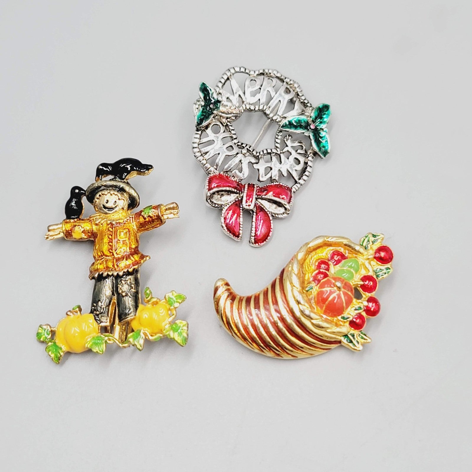 Vintage Holiday Brooch Gold tone Cornucopia Merry Christmas Scarecrow Lot of 3