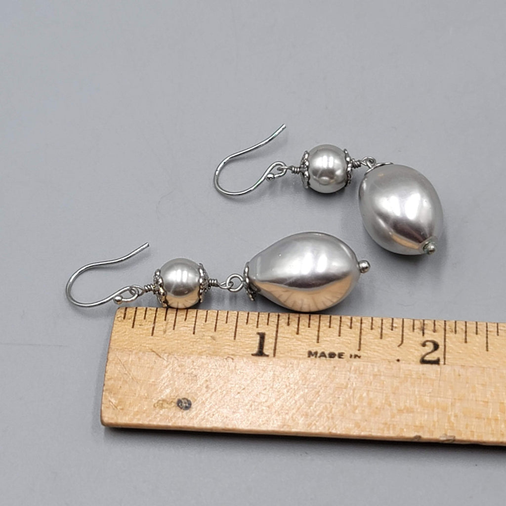 Satin Silver tone Filigree Cap Bead Pierced Earrings Dangle 1.5 in
