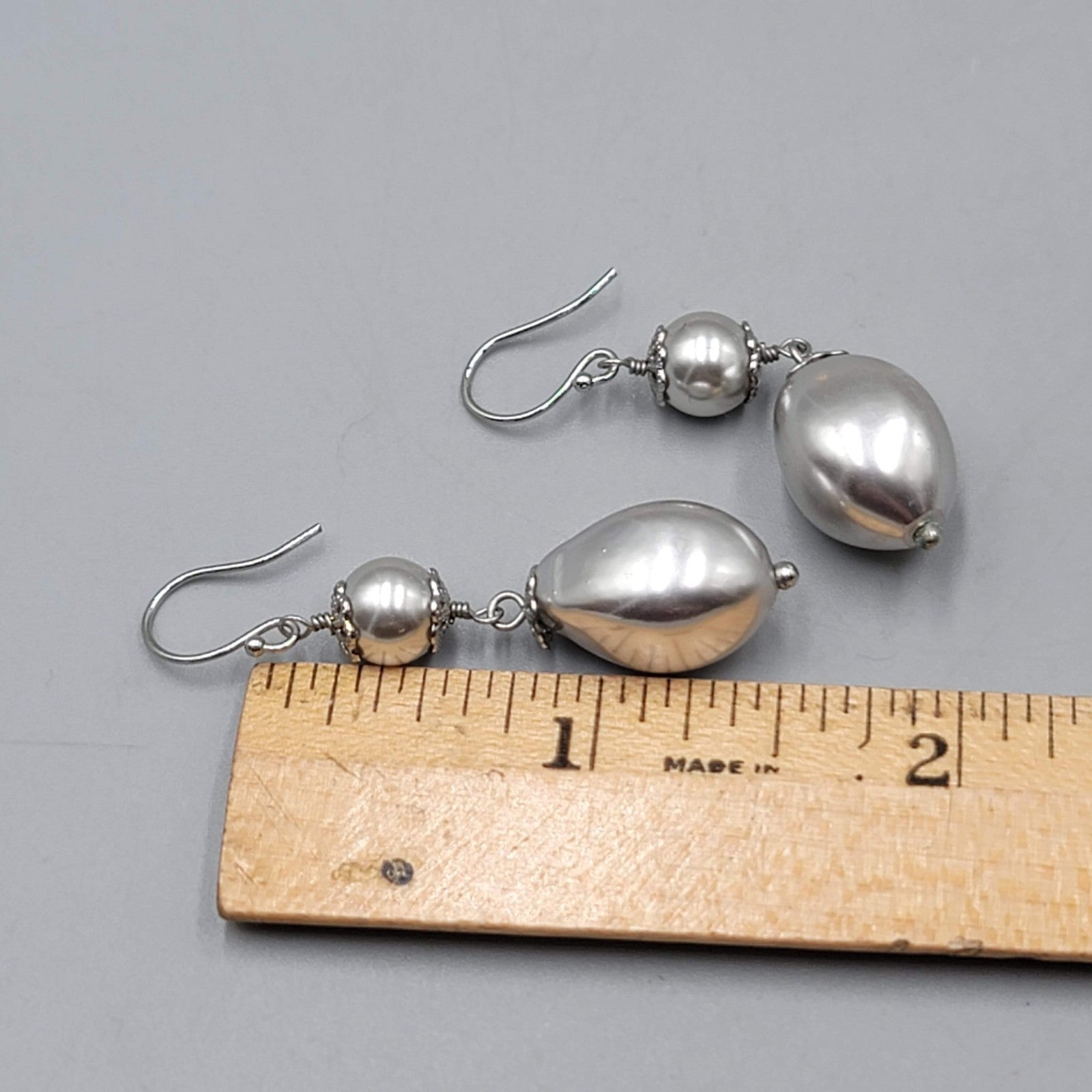 Satin Silver tone Filigree Cap Bead Pierced Earrings Dangle 1.5 in