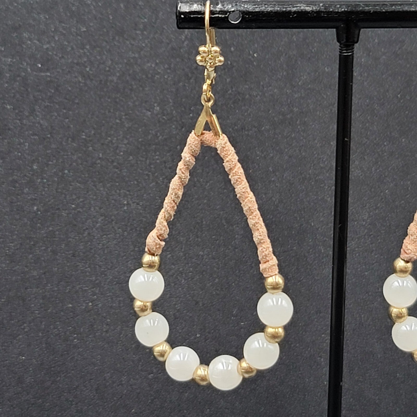 Pierced Earrings Gold tone Leather Wrapped Beaded Teardrop Dangle 2.25"