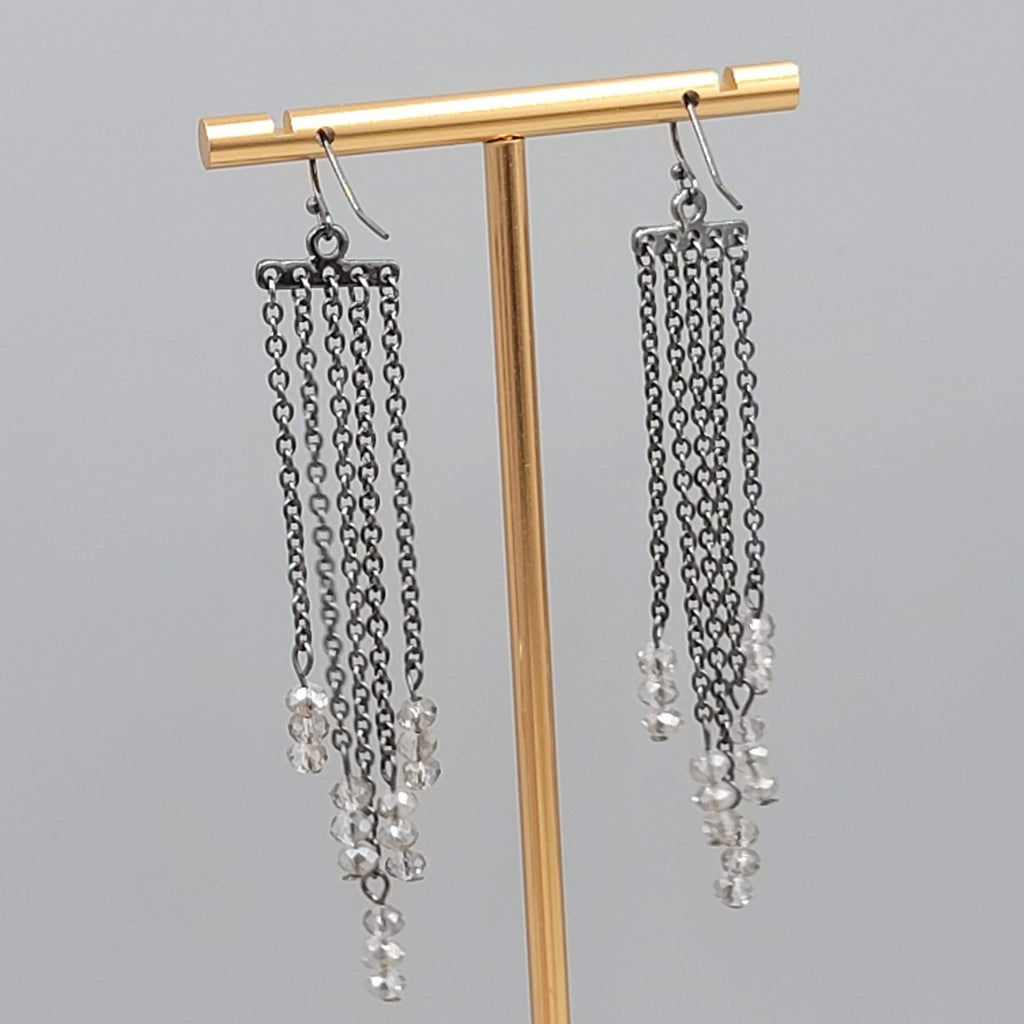 Black Metal Pierced Earrings Long Dangle Chains Beaded 3"