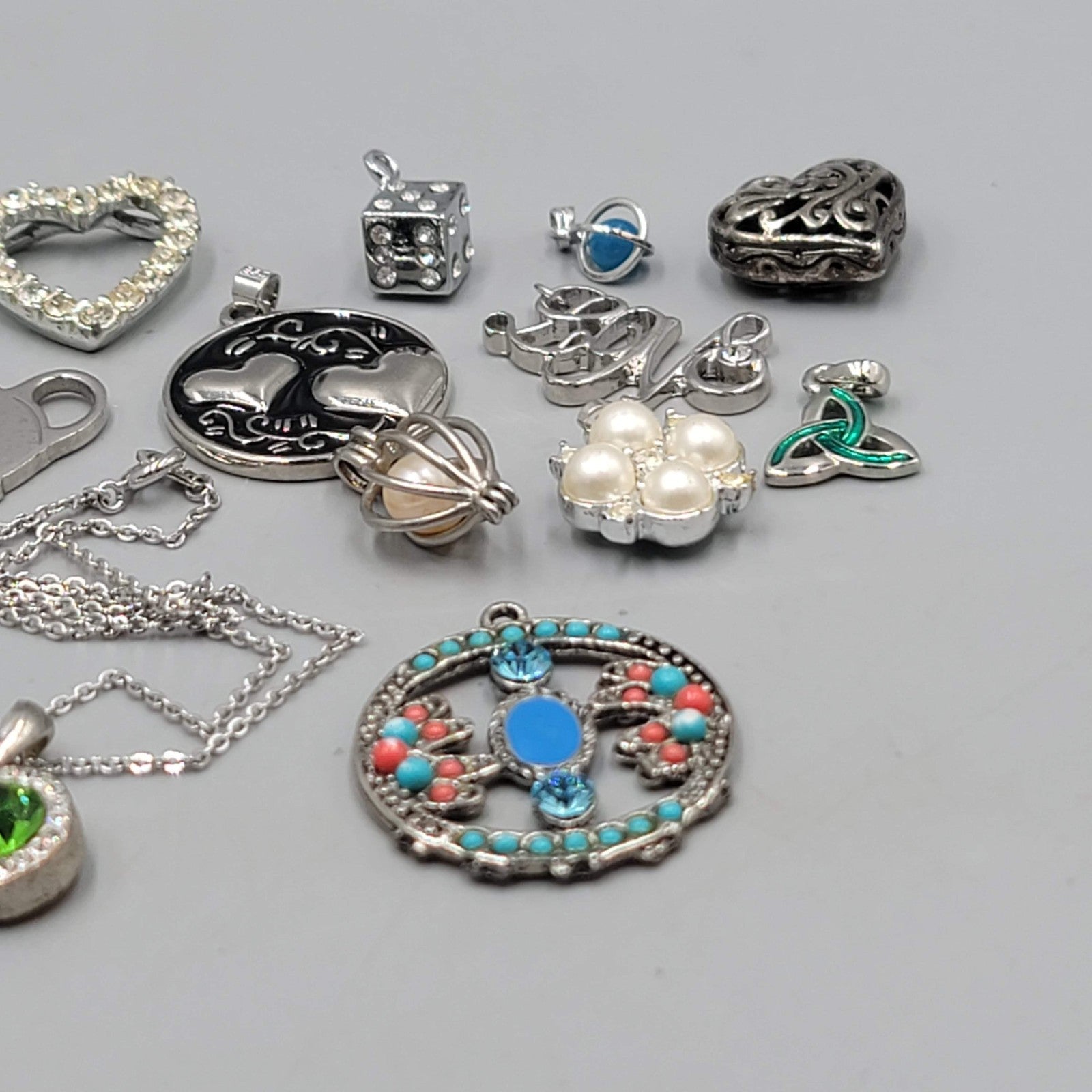 All Silver tone Pendant Lot of 16 Various Styles One Chain Included
