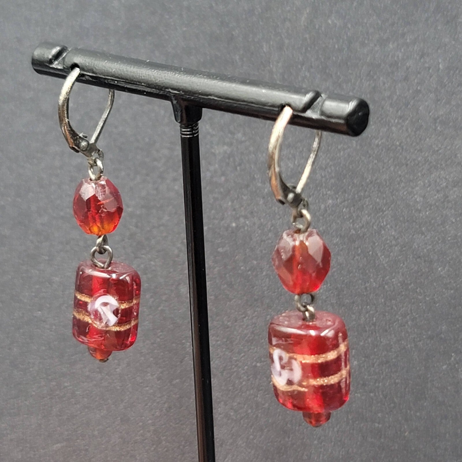 Pierced Earrings Black Metal Red Art Glass Beads 1.25"