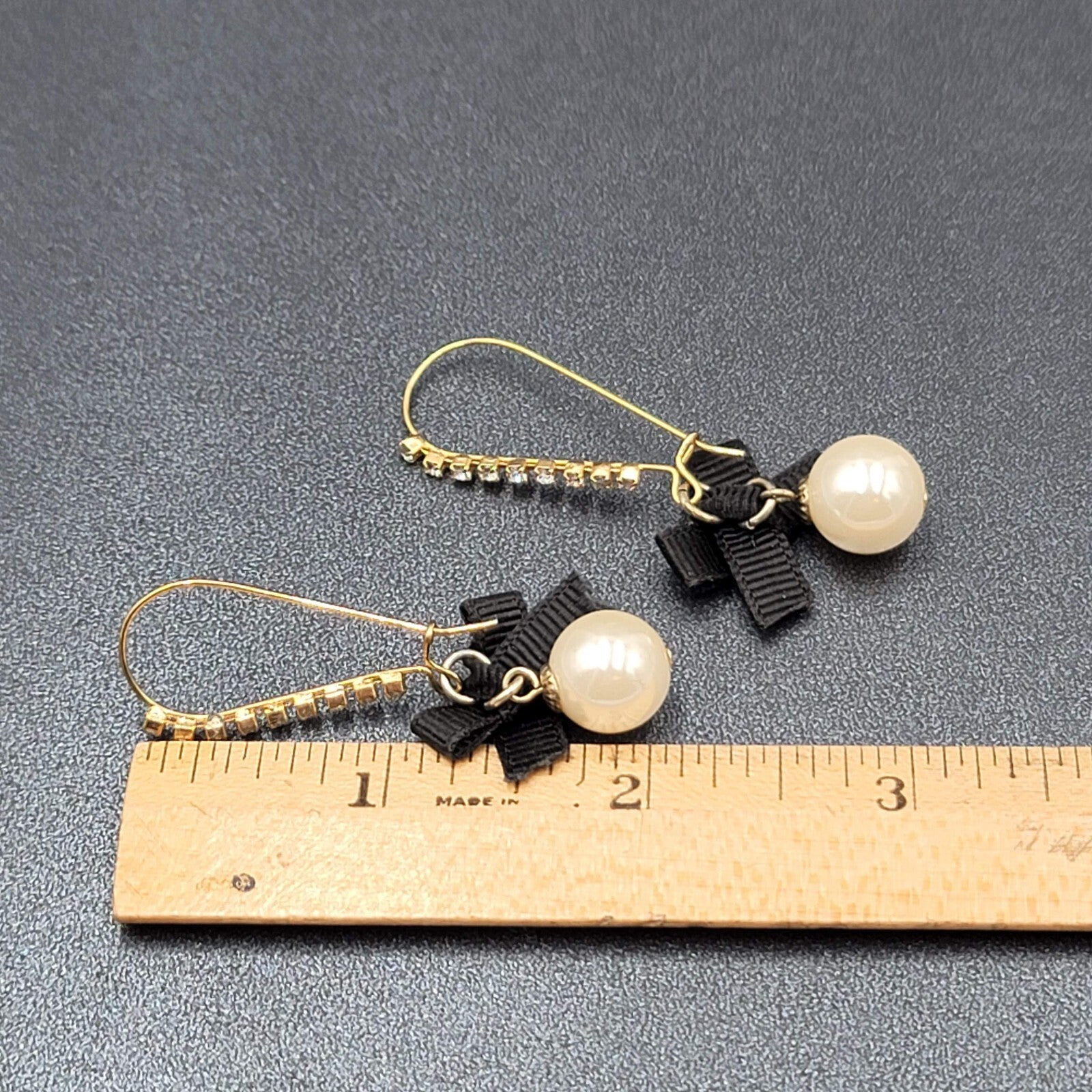 Pierced Earrings Gold tone Rhinestone Faux Pearl Black Grosgrain Ribbon Bow 2"