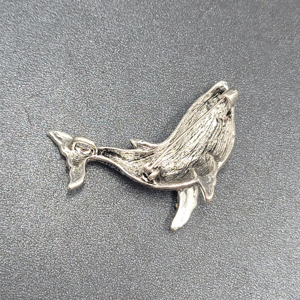 Crystal Rhinestone Brooch Blue Whale Sea life Silver tone 2"