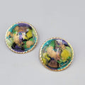 Vintage Green Purple Enamel Pierced Earrings Gold tone Round Drop 1.25"