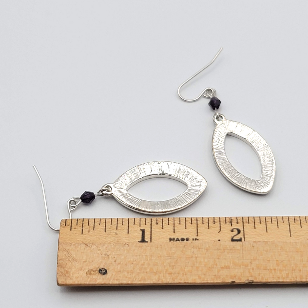 Oxidized Open Work Pierced Earrings Silver tone Dangle Purple Bead 1 1/8 in