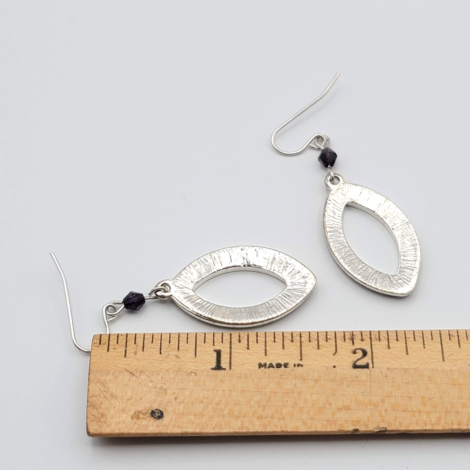 Oxidized Open Work Pierced Earrings Silver tone Dangle Purple Bead 1 1/8 in