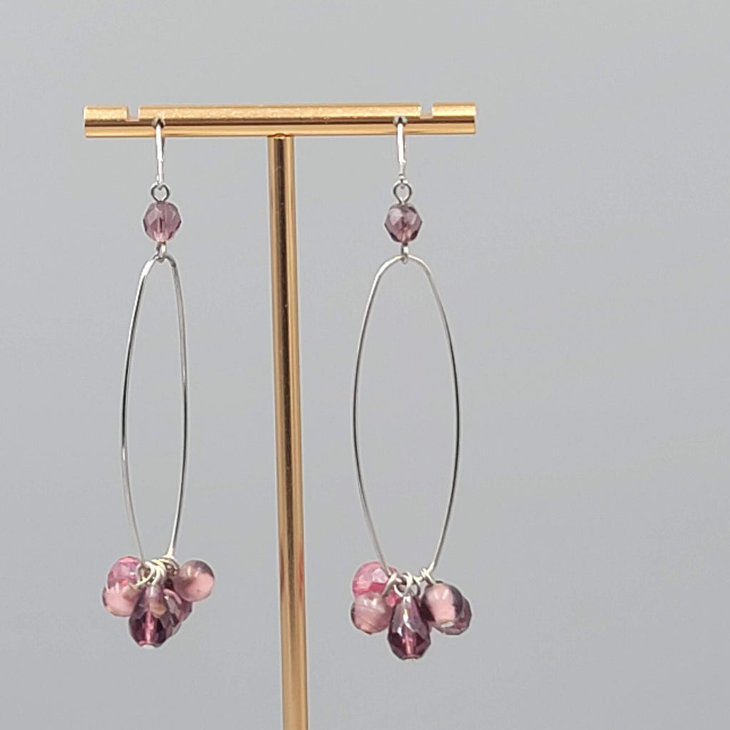 Purple Bead Long Hoop Pierced Earrings Silver tone Dangle 2.25"