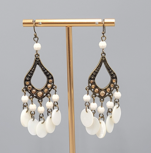 Chandelier Mother of Pearl Pierced Earrings Bronze tone Dangle 2.75 in