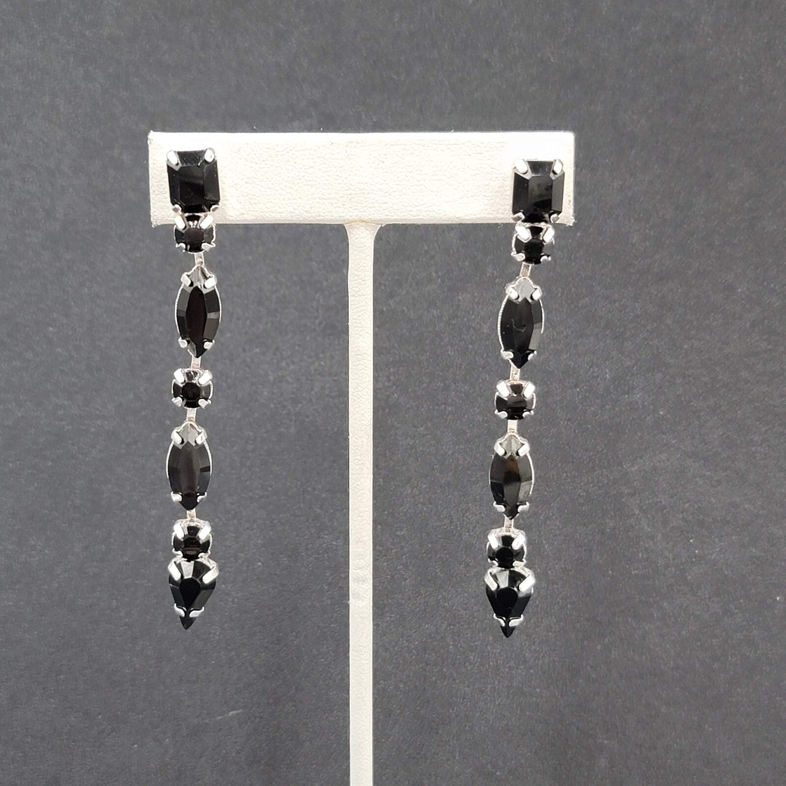 Pierced Earrings Silver tone Acrylic Black Prong Set Dangle 3"