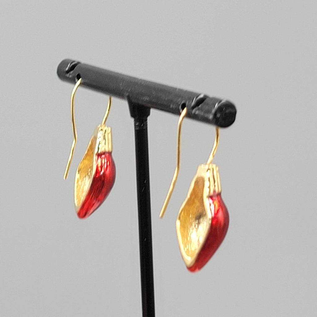 Christmas Bulb Pierced Earrings Gold Plated Red Enamel 3/4"