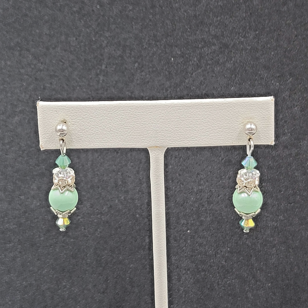 Pierced Earrings Silver tone Green Capped Beaded Dangle 1"