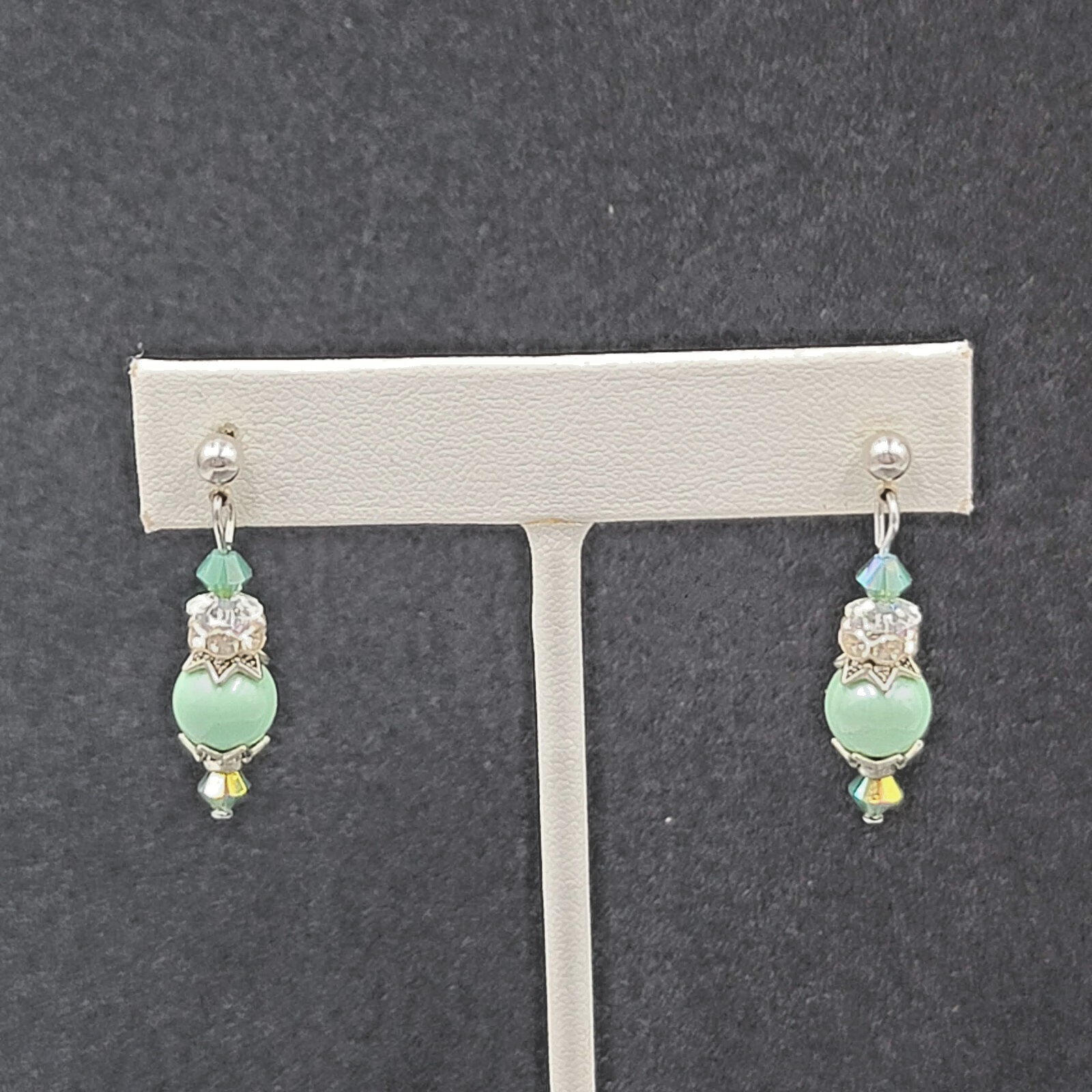 Pierced Earrings Silver tone Green Capped Beaded Dangle 1"