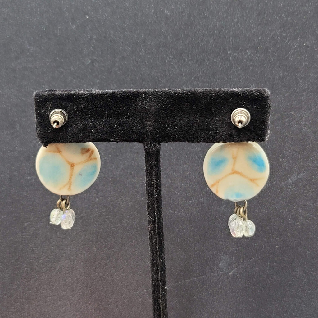 Pierced Earrings Silver tone Ceramic Pottery Bead White Blue 1.25"