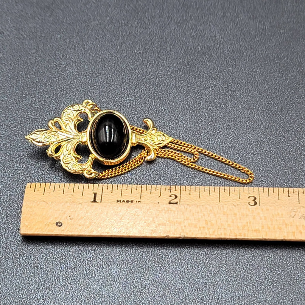 Vintage Bergere Black Cabochon and Gold Tone Brooch with Chain Swag Retro Estate