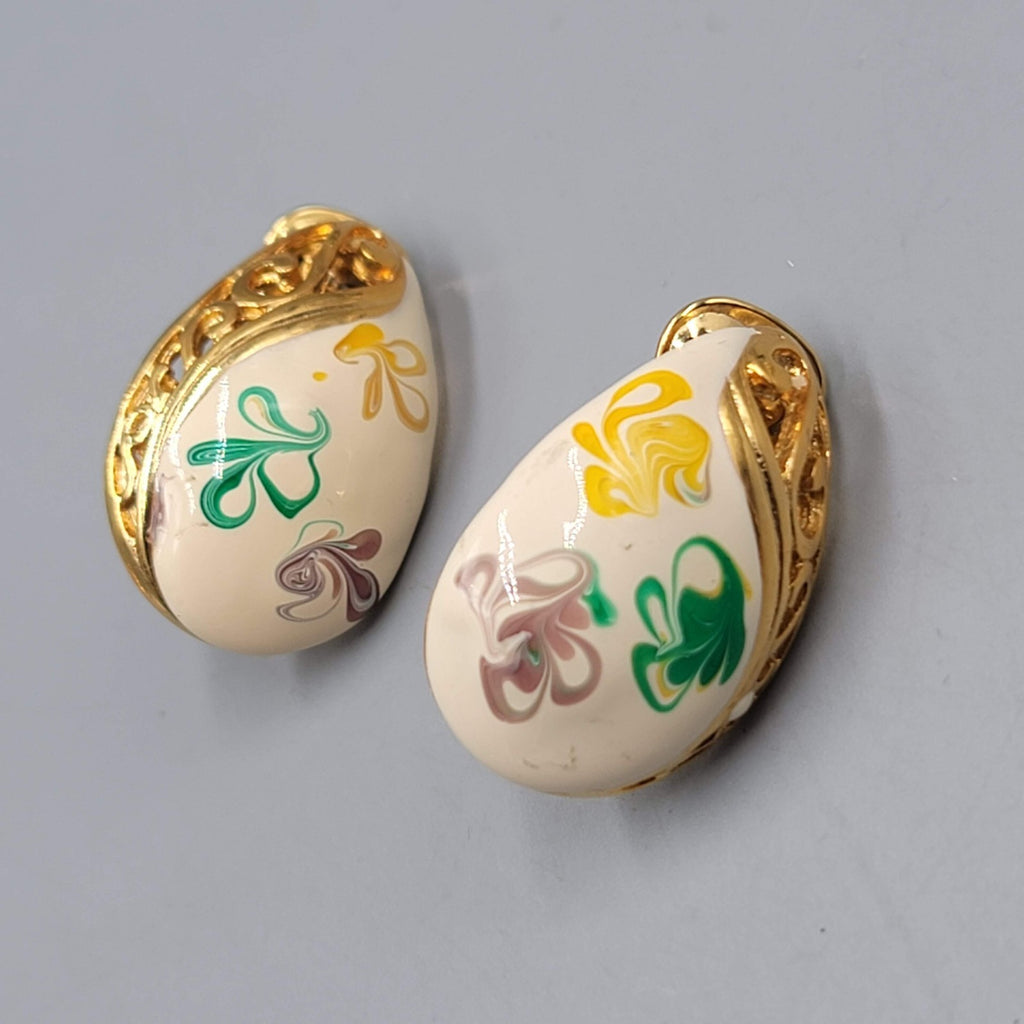 Vintage Enamel Clip on Earrings Gold Plated Yellow Purple Green Swirls 1 1/8"