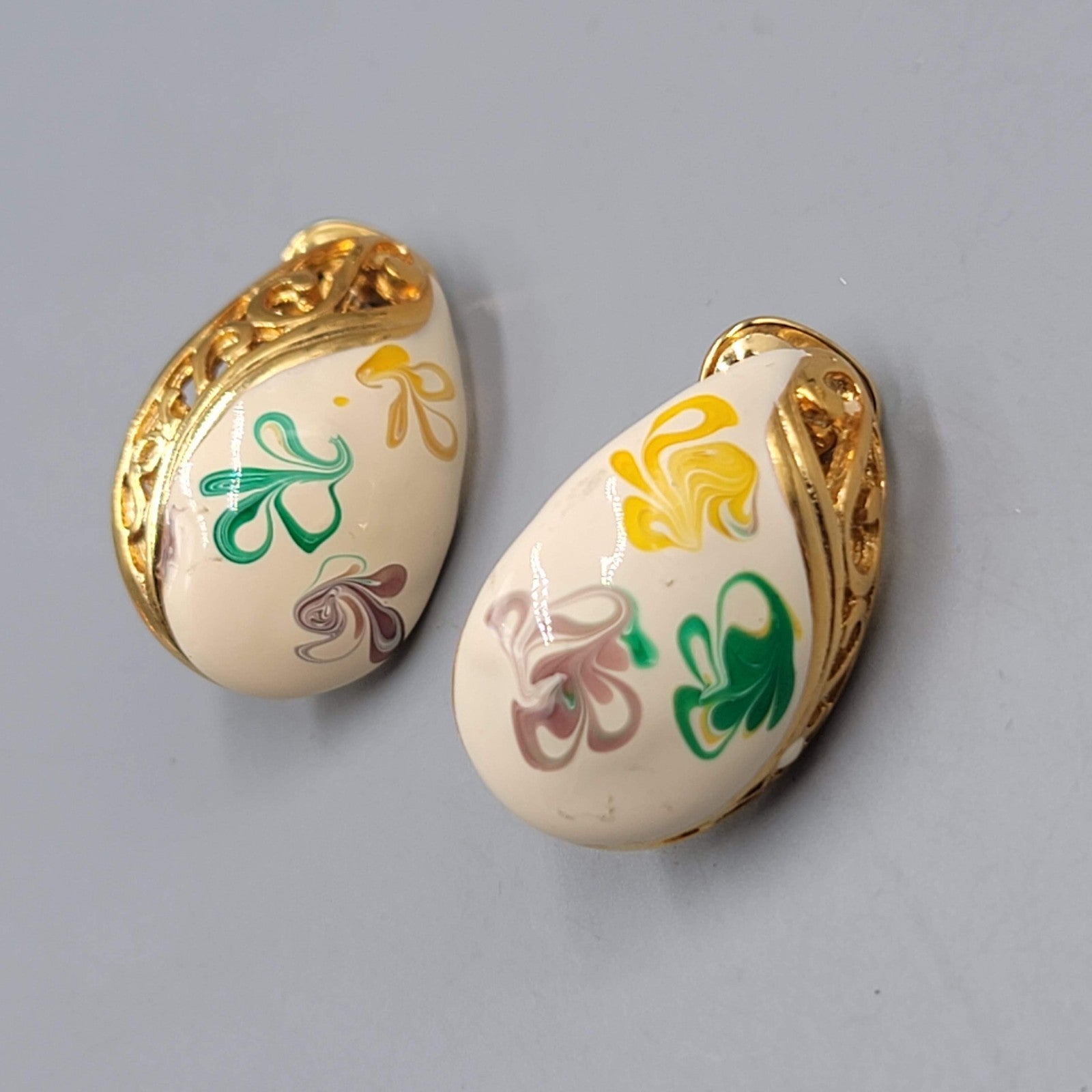 Vintage Enamel Clip on Earrings Gold Plated Yellow Purple Green Swirls 1 1/8"