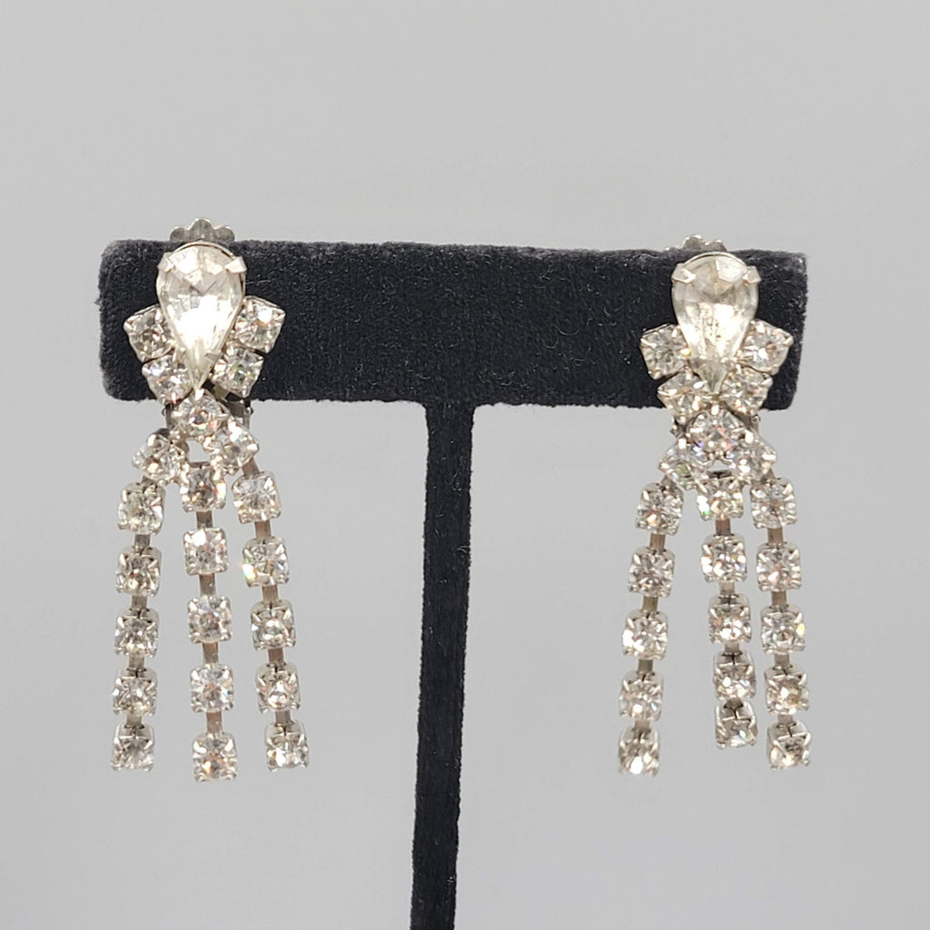 Vintage Long Rhinestone Clip on Earrings Silver tone 2"